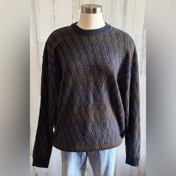 Vintage 90s Sweater Loose Knit Diamond Pattern Made in‎ Korea XL 90s - Picture 1 of 7